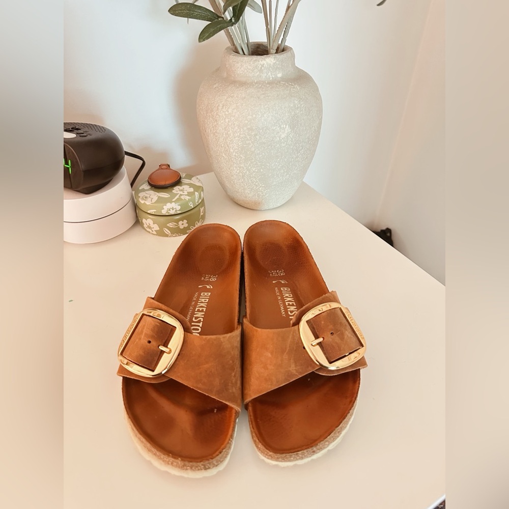 Birkenstock Tan Sandals with Gold Buckle